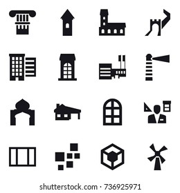 16 vector icon set : column, tower, mansion, greate wall, houses, building, mall, lighthouse, minaret, house with garage, arch window, architector, window, windmill