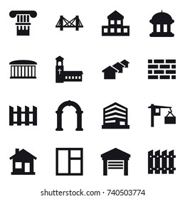 16 vector icon set : column, bridge, cottage, goverment house, airport building, church, houses, brick wall, fence, arch, home, window, garage