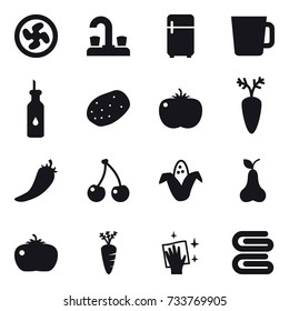 16 vector icon set : cooler fan, water tap, fridge, cup, hot pepper, cherry, corn, pear, tomato, carrot, wiping, stack of towels