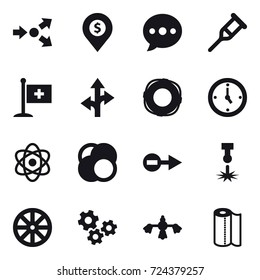 16 vector icon set : core splitting, dollar pin, ballon, lifebuoy, watch, wheel, gears, hard reach place cleaning, paper towel