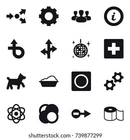 16 vector icon set : core splitting, gear, group, info, disco ball, first aid, dog, washing, ring button, toilet paper