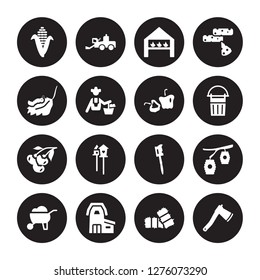 16 vector icon set : Corn, Bale, Barn, Barrow, Beehive, Axe, Caterpillar, berry, Capsicum isolated on black background