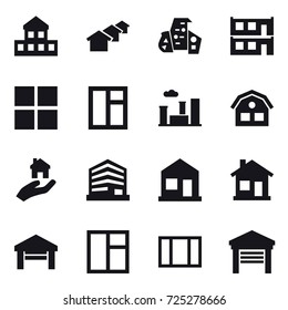 16 vector icon set : cottage, houses, modern architecture, modular house, window, city, house, real estate, home, garage