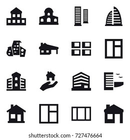 16 vector icon set : cottage, mansion, skyscrapers, skyscraper, modern architecture, house with garage, panel house, window, building, real estate, hotel, home, house