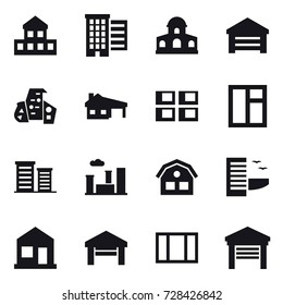 16 vector icon set : cottage, houses, mansion, garage, modern architecture, house with garage, panel house, window, district, city, house, hotel, home