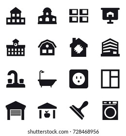 16 vector icon set : cottage, mansion, panel house, presentation, university, house, smart house, water tap, bath, power socket, window, garage, warehouse, scraper, washing machine