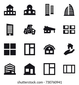16 vector icon set : cottage, mansion, skyscrapers, skyscraper, modern architecture, house with garage, panel house, window, house, real estate, home