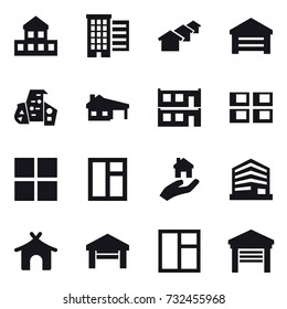 16 vector icon set : cottage, houses, garage, modern architecture, house with garage, modular house, panel house, window, real estate, bungalow