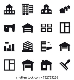 16 vector icon set : cottage, houses, mansion, slum, garage, panel house, window, city, hotel, house, scraper