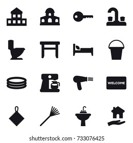 16 vector icon set : cottage, mansion, key, water tap, toilet, stool, bed, bucket, inflatable pool, coffee maker, hair dryer, welcome mat, rag, rake, water tap sink, housing