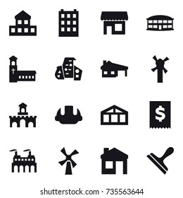 16 vector icon set : cottage, building, shop, airport building, church, modern architecture, house with garage, windmill, fort, building helmet, greenhouse, house, scraper