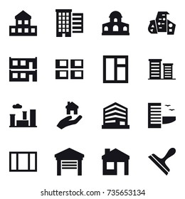 16 vector icon set : cottage, houses, mansion, modern architecture, modular house, panel house, window, district, city, real estate, hotel, garage, house, scraper
