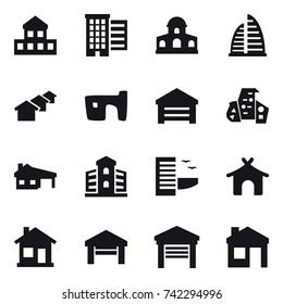 16 vector icon set : cottage, houses, mansion, skyscraper, slum, garage, modern architecture, house with garage, building, hotel, bungalow, home, house