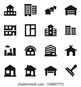 16 Vector Icon Set : Cottage, Houses, Garage, Modular House, Window, Building, District, City, House, Bungalow, Home, Scraper