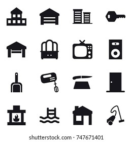 16 vector icon set : cottage, garage, district, key, dresser, tv, speaker, scoop, mixer, cutting board, door, fireplace, pool, house, vacuum cleaner