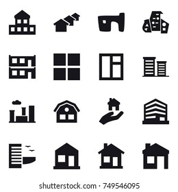 16 vector icon set : cottage, houses, slum, modern architecture, modular house, window, district, city, house, real estate, hotel, home