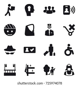 16 vector icon set : courier, bulb head, group, pass card, check in, passenger, invalid, skyscapers cleaning, skyscrapers cleaning, garden cleaning, cleaner