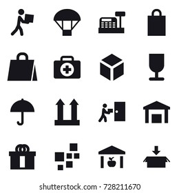 16 vector icon set : courier, parachute, cashbox, shopping bag, 3d, warehouse, package