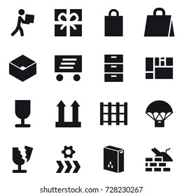 16 vector icon set : courier, gift, shopping bag, box, delivery, construct garbage