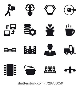 16 vector icon set : courier, bulb brain, hex molecule, cell corection, notebook connect, virtual mining, flower, hot drink, school, palace, steam pan, hard reach place cleaning