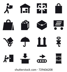 16 vector icon set : courier, warehouse, gift, shopping bag, box, delivery