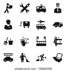 16 vector icon set : courier, pencil wrench, transfer, trash truck, bucket and broom, wiping, skyscapers cleaning, skyscrapers cleaning, car wash, brooming, vacuum cleaner, floor washing