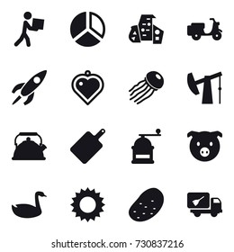 16 vector icon set : courier, diagram, modern architecture, heart pendant, jellyfish, kettle, cutting board, hand mill, pig, goose, sun, potato, home call cleaning