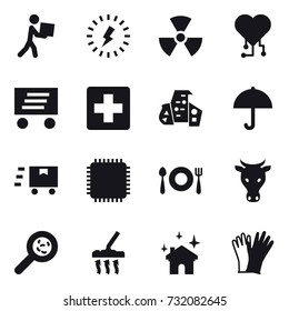 16 vector icon set : courier, lightning, nuclear, cardio chip, delivery, modern architecture, cow, viruses, vacuum cleaner, house cleaning, gloves