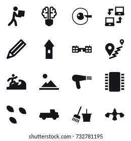 16 vector icon set : courier, bulb brain, cell corection, notebook connect, pencil, tower, school, surfer, landscape, hair dryer, seeds, pickup, bucket and broom, hard reach place cleaning