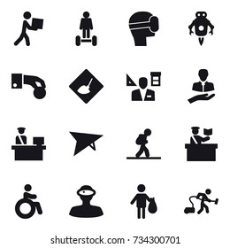 16 vector icon set : courier, hoverboard, virtual mask, jet robot, hand coin, under construction, architector, deltaplane, tourist, inspector, invalid, trash, vacuum cleaner