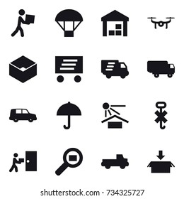16 vector icon set : courier, parachute, warehouse, drone, box, delivery, pickup, package