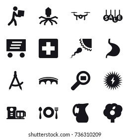 16 vector icon set : courier, virus, drone, sale, delivery, draw compass, bridge, jug, garden