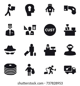 16 vector icon set : courier, bulb head, jet robot, hand coin, architector, passenger, reception, trash, vacuum cleaner, home call cleaning
