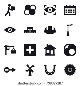 16 vector icon set : courier, atom core, eye identity, calendar, block wall, building helmet, outdoor light, first aid, home, windmill, horseshoe, flower