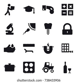 16 vector icon set : courier, graduate hat, hand coin, calculator, lock, lounger, pan, tractor, wine