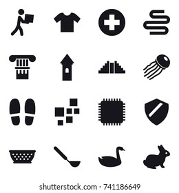 16 vector icon set : courier, t-shirt, column, tower, pyramid, jellyfish, slippers, kolander, ladle, goose, rabbit