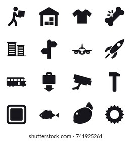 16 vector icon set : courier, warehouse, t-shirt, district, bus, baggage get, cutting board, sun