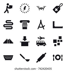 16 vector icon set : courier, lightning, drone, column, draw compass, ruler, pyramid, transfer, kolander, ladle, rolling pin