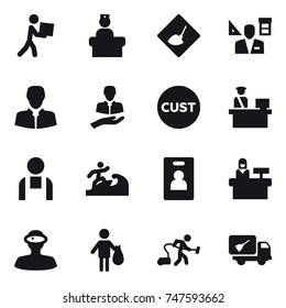 16 vector icon set : courier, under construction, architector, surfer, identity card, reception, trash, vacuum cleaner, home call cleaning