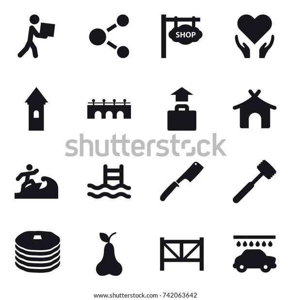 16 vector icon set : courier,\
molecule, shop signboard, tower, bridge, baggage, bungalow, surfer,\
pool, chef knife, meat hammer, pear, farm fence, car\
wash