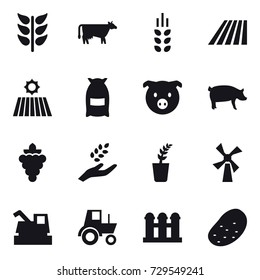 16 vector icon set : cow, spikelets, field, flour, pig, grape, harvest, seedling, windmill, harvester, tractor, grain elevator, potato