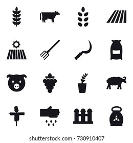 16 vector icon set : cow, spikelets, field, fork, sickle, flour, pig, grape, seedling, sheep, scarecrow, sow, grain elevator, fertilizer