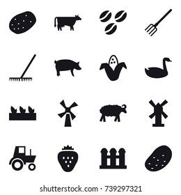 16 vector icon set : cow, coffee seeds, fork, rake, pig, corn, goose, seedling, windmill, sheep, tractor, strawberry, grain elevator, potato