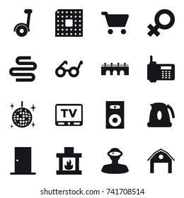 16 vector icon set : cpu, cart, bridge, disco ball, tv, speaker, kettle, door, fireplace, barn