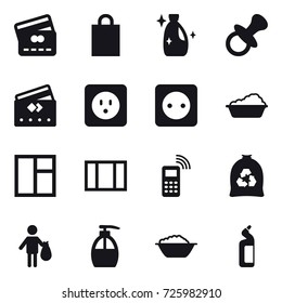 16 vector icon set : credit card, shopping bag, cleanser, nipple, power socket, washing, window, garbage bag, trash, liquid soap, foam basin, toilet cleanser