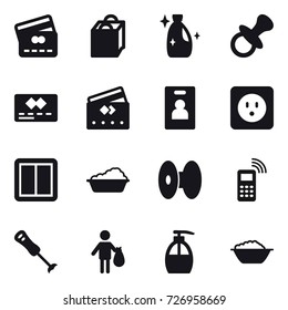 16 vector icon set : credit card, shopping bag, cleanser, nipple, identity card, power socket, power switch, washing, trash, liquid soap, foam basin