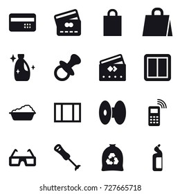 16 vector icon set : credit card, shopping bag, cleanser, nipple, power switch, washing, window, garbage bag, toilet cleanser