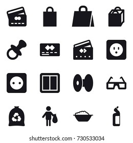 16 vector icon set : credit card, shopping bag, nipple, power socket, power switch, garbage bag, trash, foam basin, toilet cleanser
