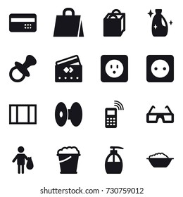 16 vector icon set : credit card, shopping bag, cleanser, nipple, power socket, window, trash, foam bucket, liquid soap, foam basin