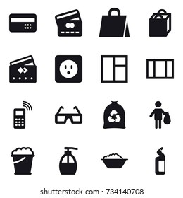 16 vector icon set : credit card, shopping bag, power socket, window, garbage bag, trash, foam bucket, liquid soap, foam basin, toilet cleanser